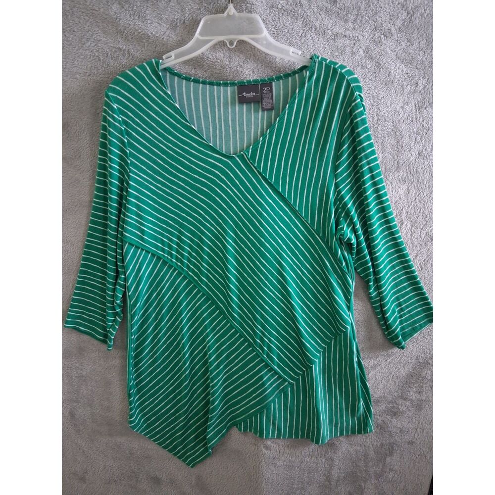 Chicos Travelers Top Sz 2 Lg Petite Liquid Knit 3/4 Sleeve Green Stripe Coastal - Picture 9 of 10